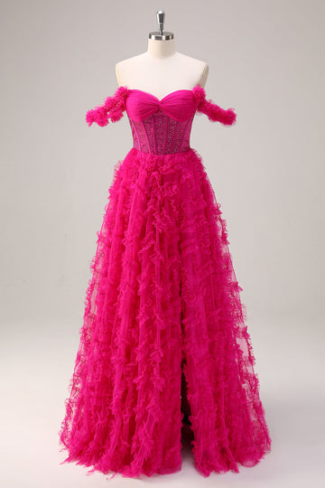 Fuchsia A-linje Lagdelt Off the Shoulder Lang Korset Gallakjole med Perlebesat